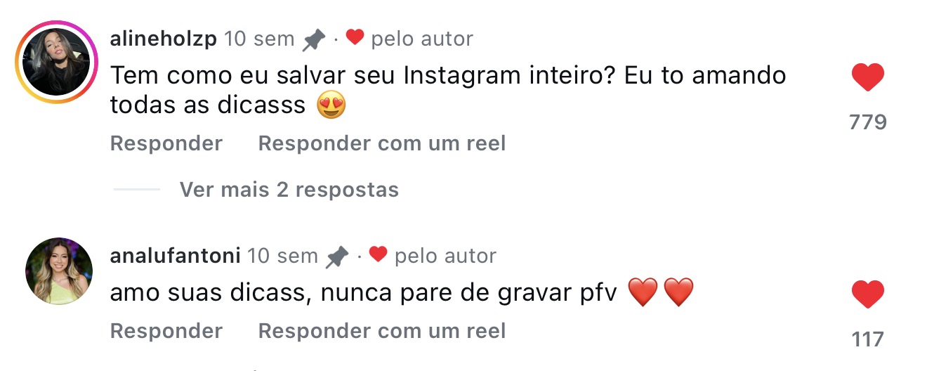 Comentários pedindo para não parar de gravar